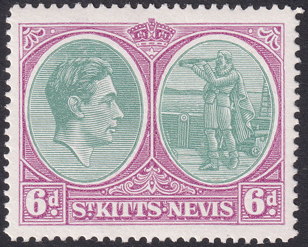 St Kitts-Nevis 1950 KGVI 6d Green and Purple p14 Chalky UM Mint SG74d MNH