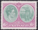 Click for more photos and details St Kitts-Nevis 1950 KGVI 6d Green and Purple p14 Chalky UM Mint SG74d MNH