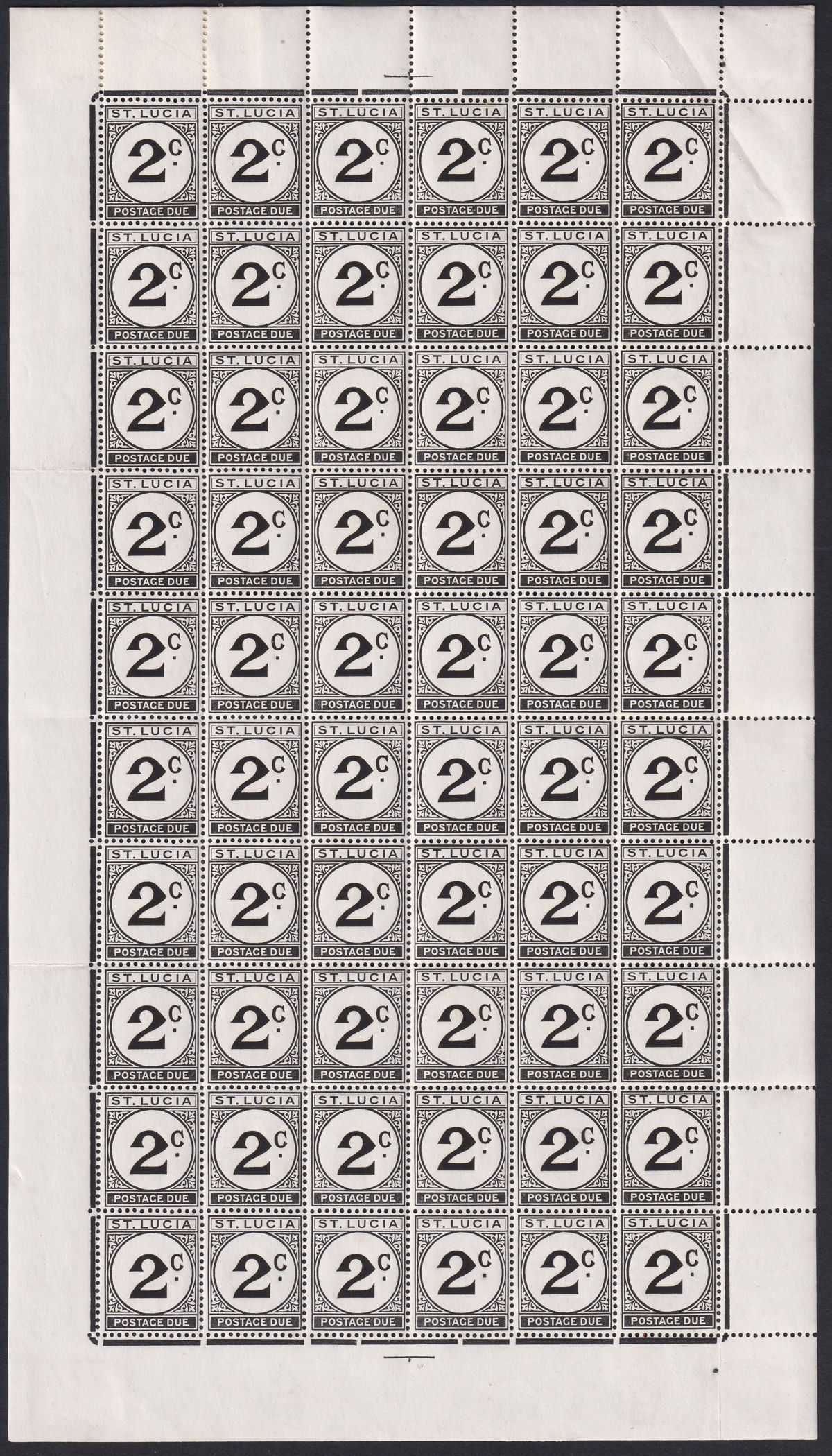 St Lucia 1952 QEII Postage Due 2c Sheet St Edward Crown Error Mint SG D7ac c£38