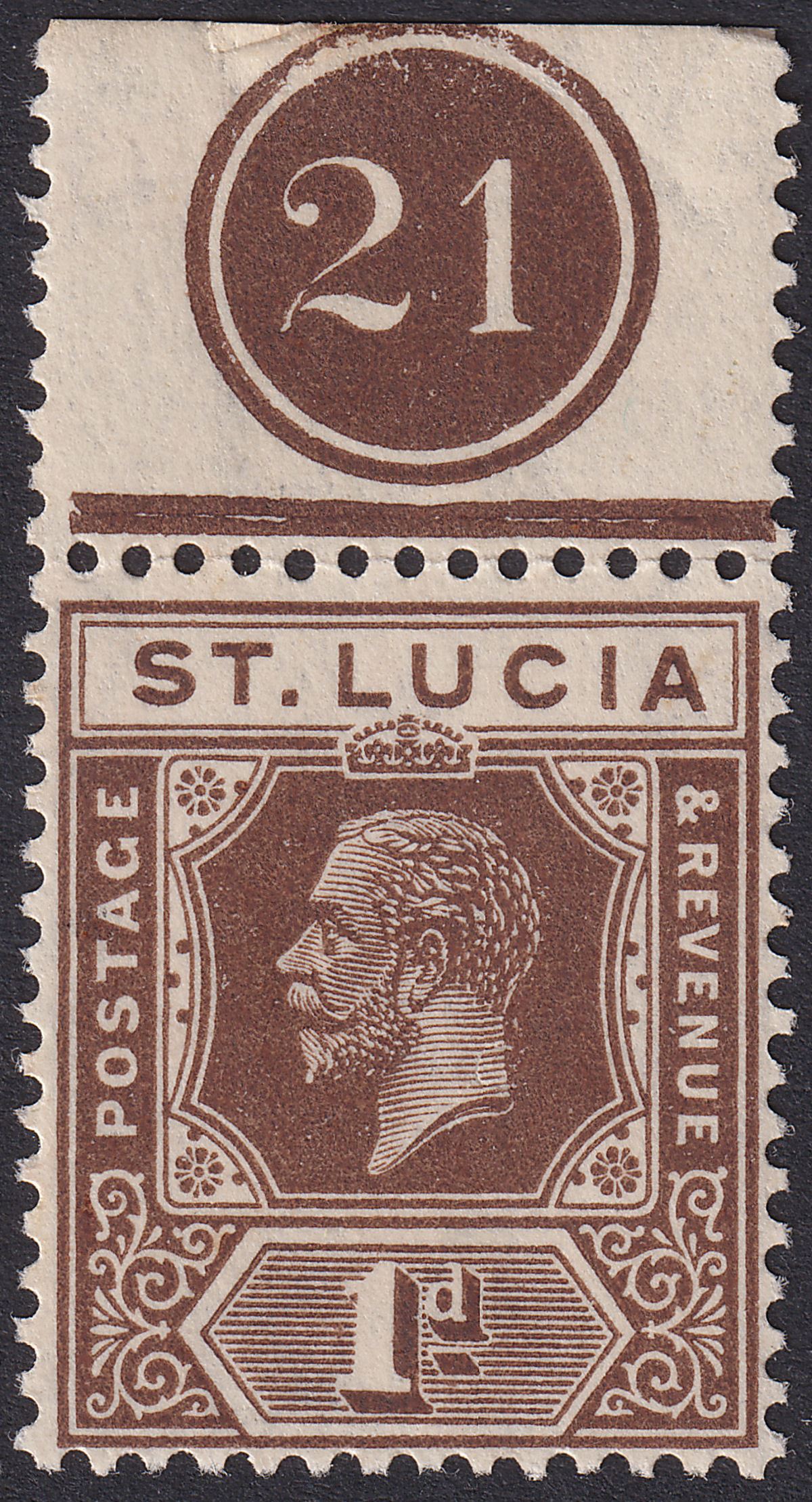 St Lucia 1922 KGV 1d Deep Brown Plate No 21 Marginal Mint SG93