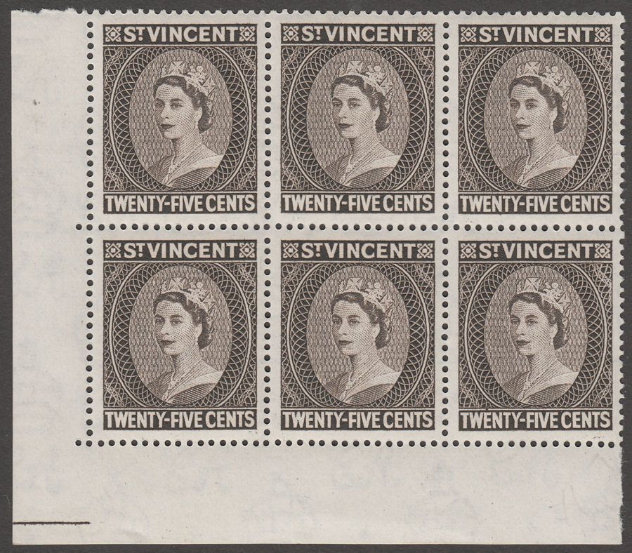 St Vincent 1955 QEII 25c Black-Brown Corner Block of Six Mint SG197