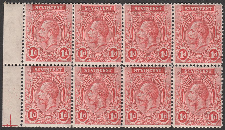 St Vincent 1921 KGV 1d Red Marginal Block of Eight Mint SG132a