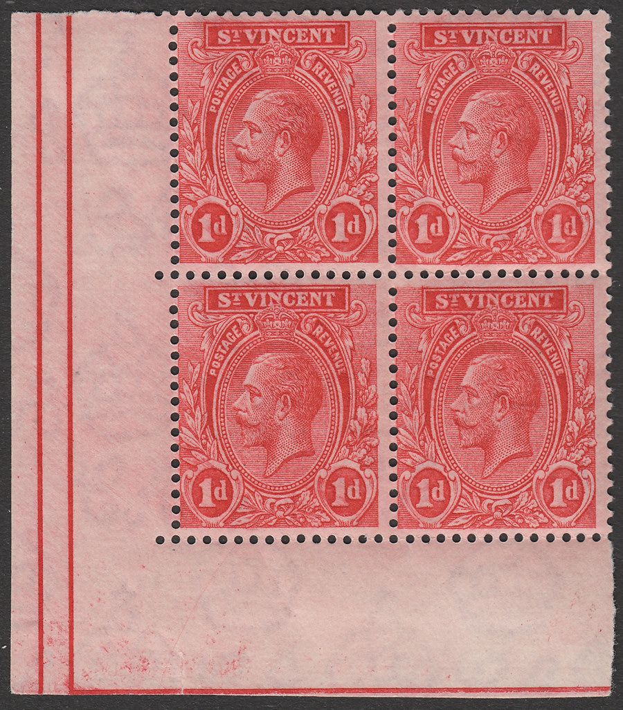 St Vincent 1921 KGV 1d Intense Carmine Corner Block of Four Mint SG132