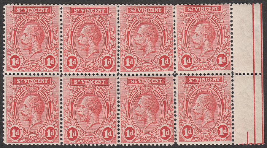 St Vincent 1921 KGV 1d Red Marginal Block of Eight Mint SG132a