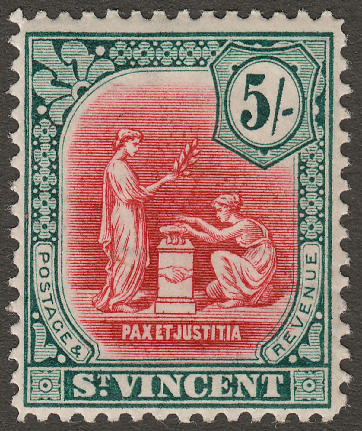 St Vincent 1913 KGV 5sh Carmine and Myrtle watermark Reversed Mint SG119x