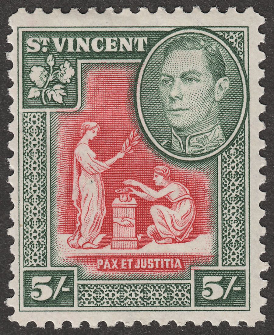 St Vincent 1938 KGVI 5sh Scarlet and Deep Green Mint SG158