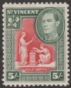 Click for more photos and details St Vincent 1938 KGVI 5sh Scarlet and Deep Green Mint SG158