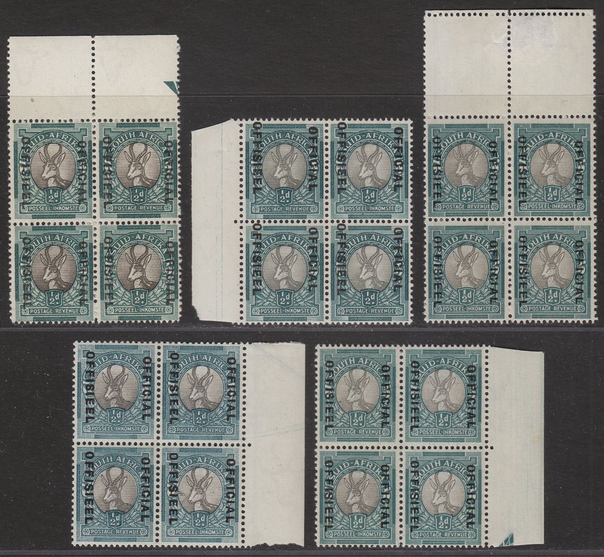 South Africa 1937-40 KGVI ½d Official Overprint Blocks Mint SG O30 O31a