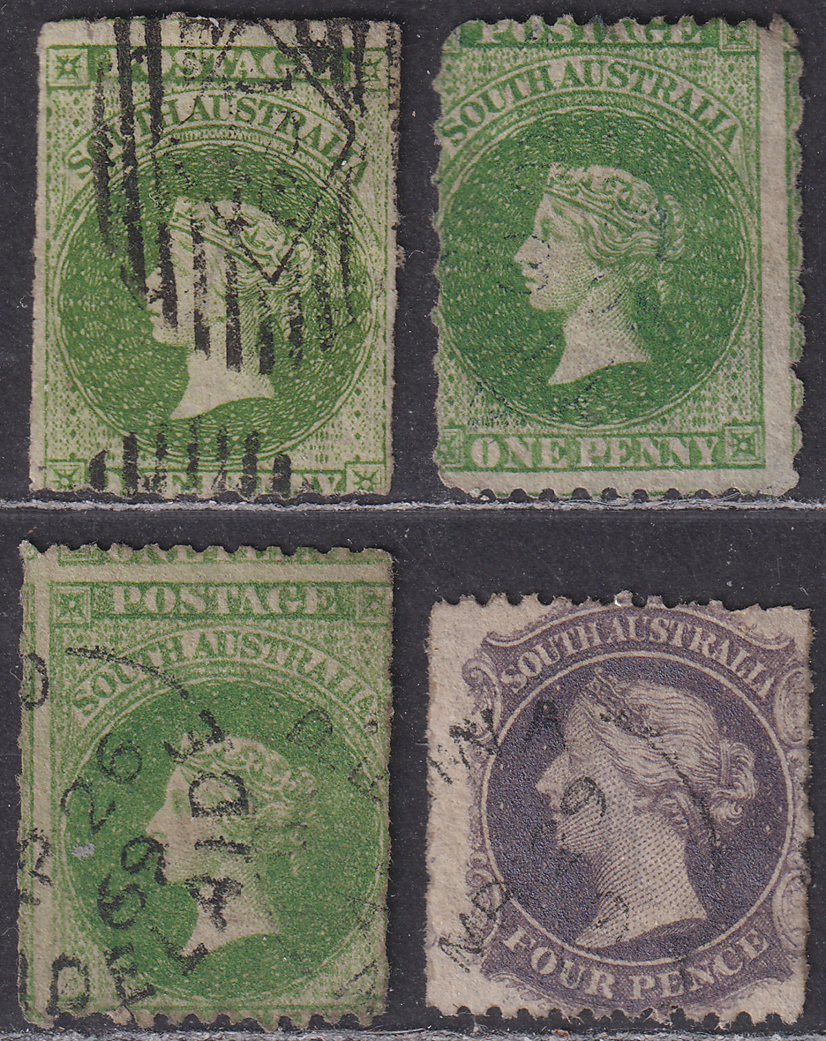 South Australia 1860-69 Queen Victoria 1d, 4d Selection roulette x perf Used 