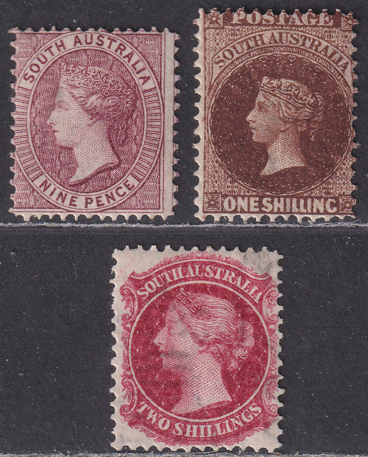 South Australia 1901-02 Queen Victoria 9d, 1sh, 2sh Perf 11½-12½ Mint faults