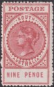 South Australia 1911 QV Thick Postage 9d Brown-Lake perf 12½ Mint SG286b cat £25