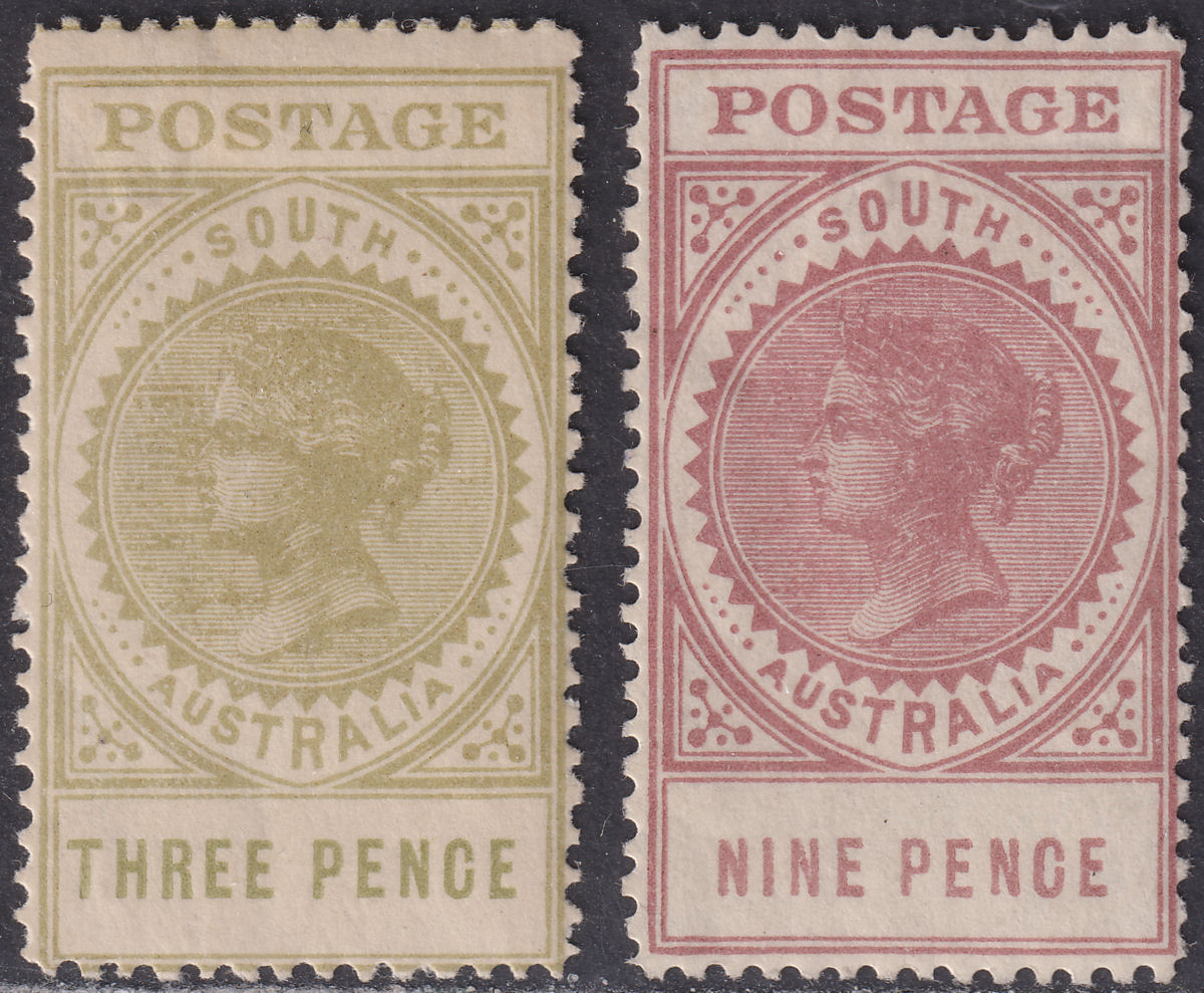 South Australia 1906 QV Thick Postage 3d, 9d Mint SG298b SG302