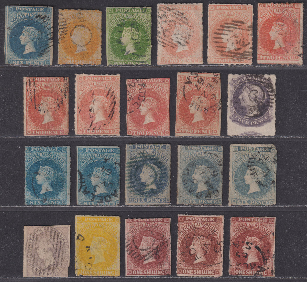 South Australia 1858-69 Queen Victoria Rouletted Selection to 1sh Used