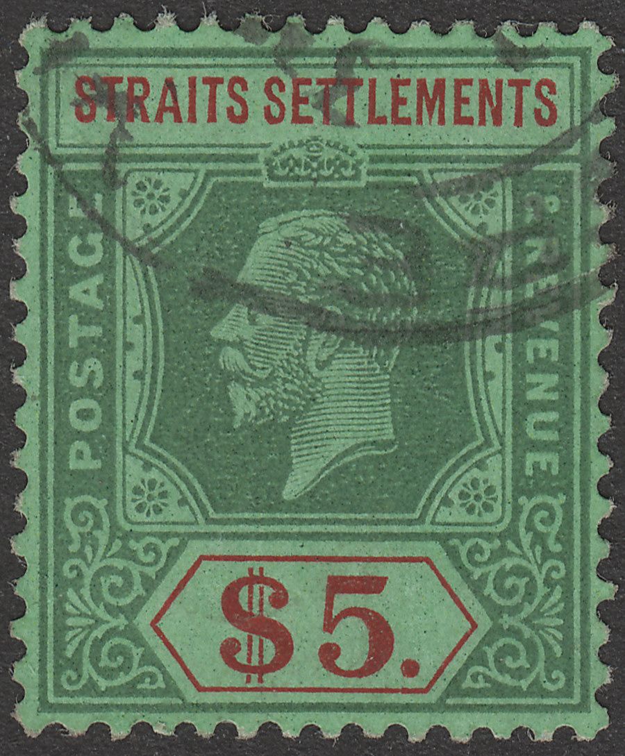 Malaya Straits Settlements 1926 KGV $5 Green and Red on Green Used SG240a