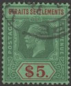 Click for more photos and details Malaya Straits Settlements 1926 KGV $5 Green and Red on Green Used SG240a