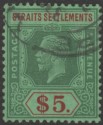 Malaya Straits Settlements 1926 KGV $5 Green and Red on Green Used SG240a