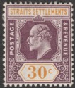 Click for more photos and details Malaya Straits Settlements 1909 KEVII 30c Purple and Orange-Yellow Mint SG162