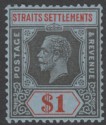 Click for more photos and details Malaya Straits Settlements 1921 KGV $1 Black and Red on Blue Mint SG239