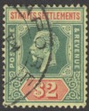 Malaya Straits Settlements 1923 KGV $2 Green and Red on Pale Yellow Used SG240