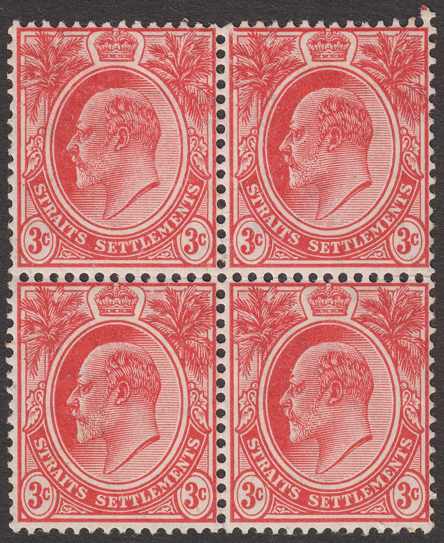 Malaya Straits Settlements 1908 KEVII 3c Red Block of Four Mint SG153