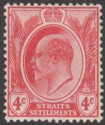 Click for more photos and details Malaya Straits Settlements 1907 KEVII 4c Red Mint SG154