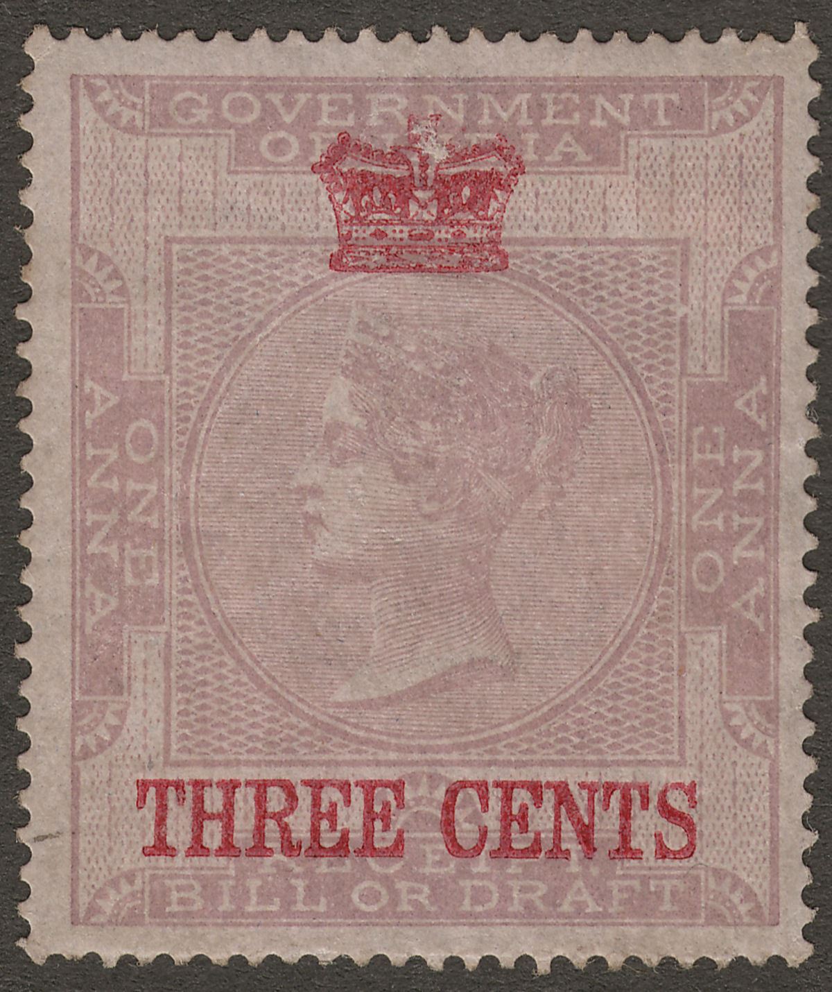 Malaya Straits Settlements 1867 QV Opt India Receipt Stamp Revenue 3c 1a Unused