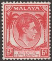 Click for more photos and details Malaya Straits Settlements 1938 KGVI 6c Scarlet-Rose Mint SG282