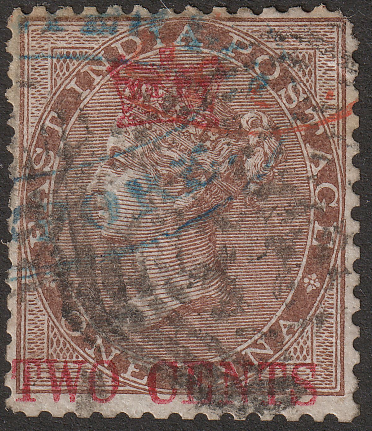Malaya Straits Settlements 1867 QV Surcharge India 2c on 1a Brown Used SG2 FAULT