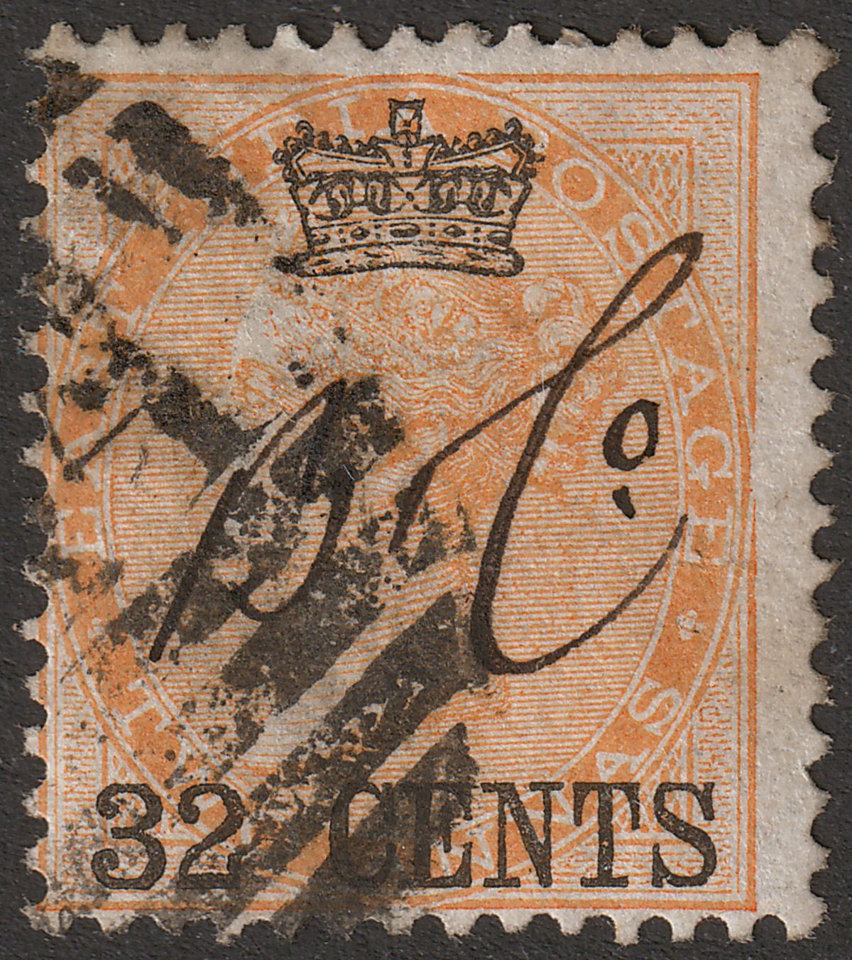 Malaya Straits Settlements 1867 QV Surch India 32c on 2a Yellow Used SG9 c£140