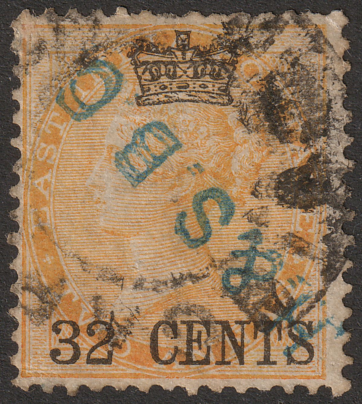 Malaya Straits Settlements 1867 QV Surch India 32c on 2a Yellow Used SG9 c£140