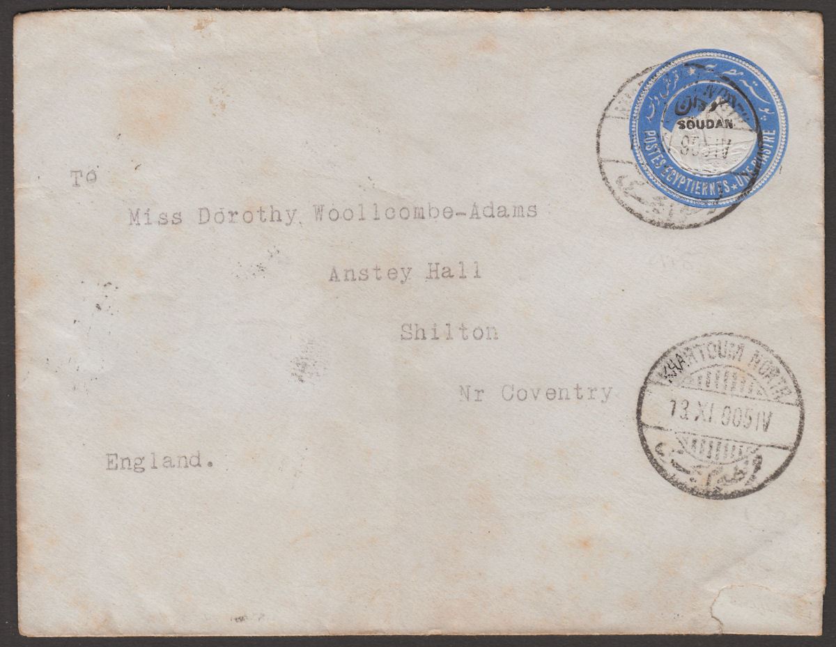 Sudan 1905 QV 1p Postal Stat Cover Used Khartoum North to UK - TPO Shellal-Halfa