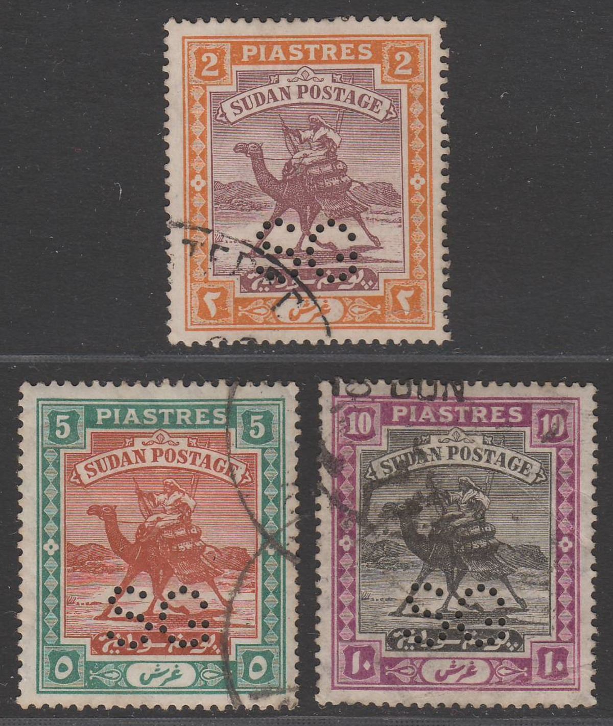 Sudan 1913 KGV Camel Postman Official SG Perfin 2p, 5p, 10p Used SG O18-O20