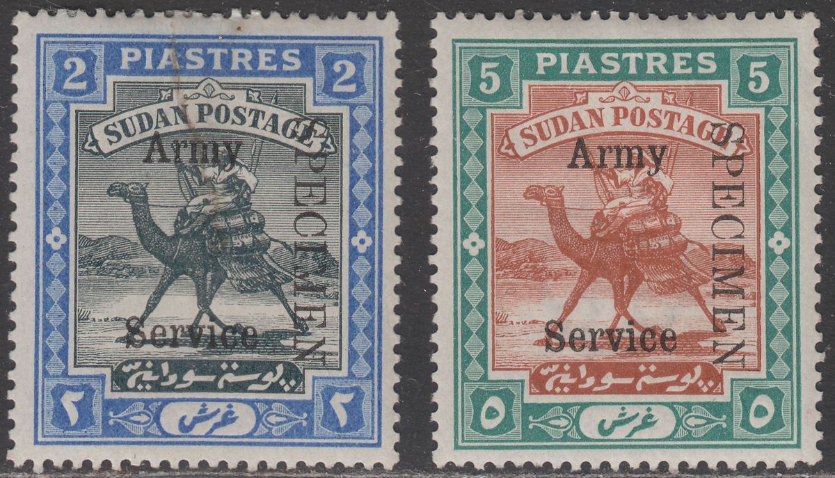 Sudan 1906 Army Service SPECIMEN Overprint Camel Postman 2p, 5p Mint SGA14s-A15s