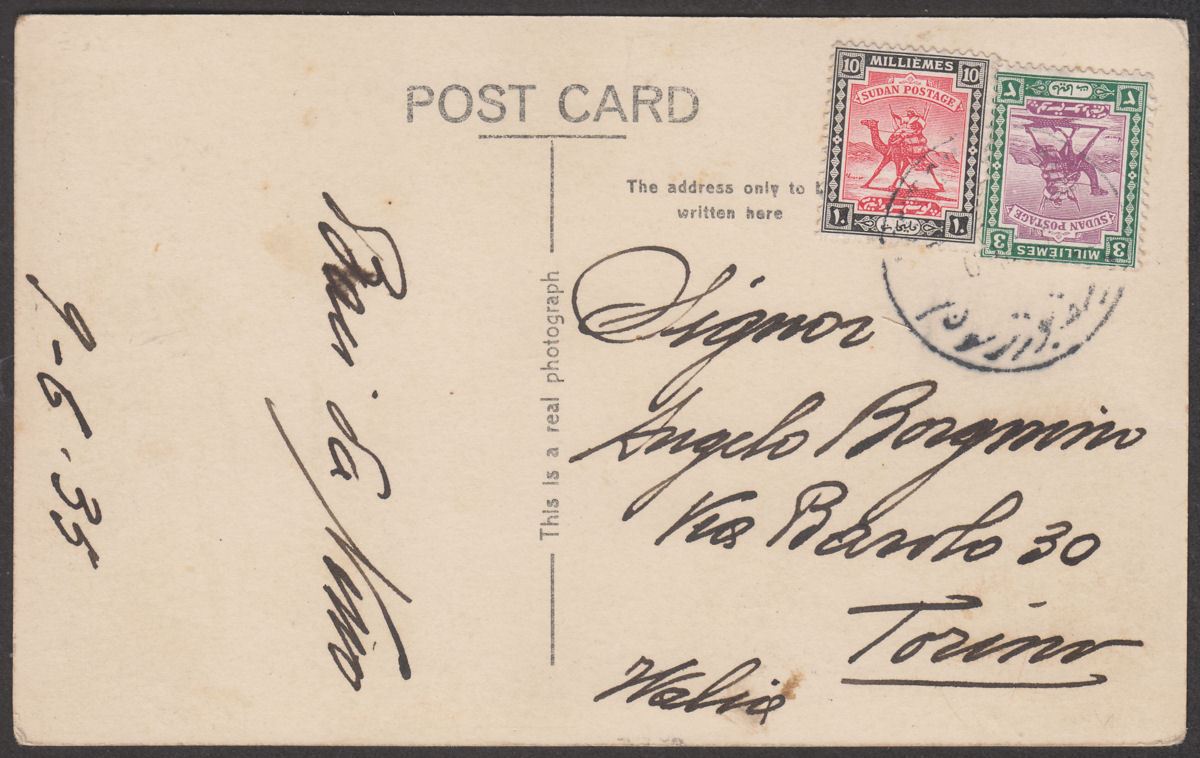 Sudan 1935 KGV 10m, 3m Used on Tokar Meat Market Picture Postcard to Turin Italy