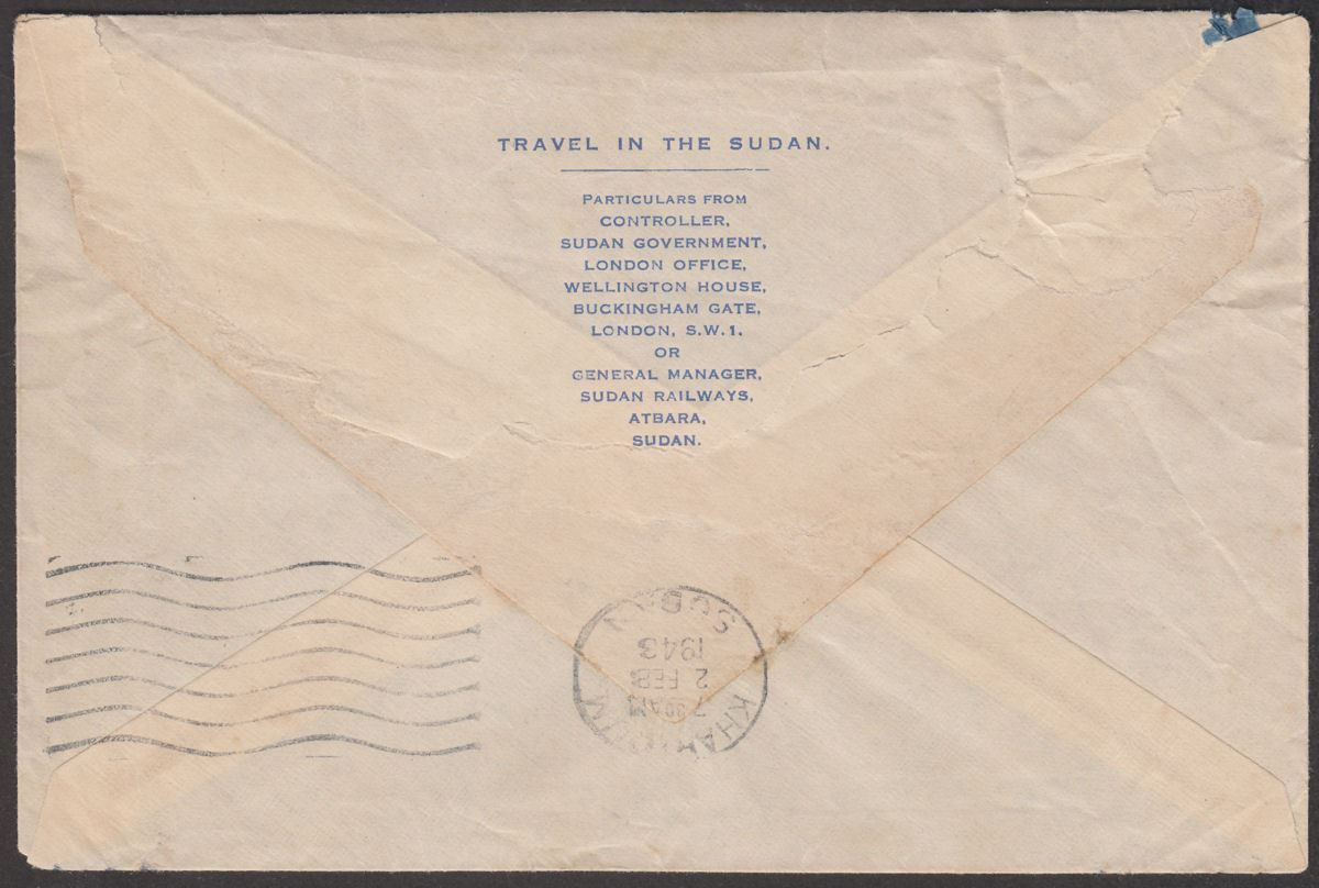 Sudan 1943 Camel Postman 5m Used on Sudan Railways Cover Port Sudan to Khartoum