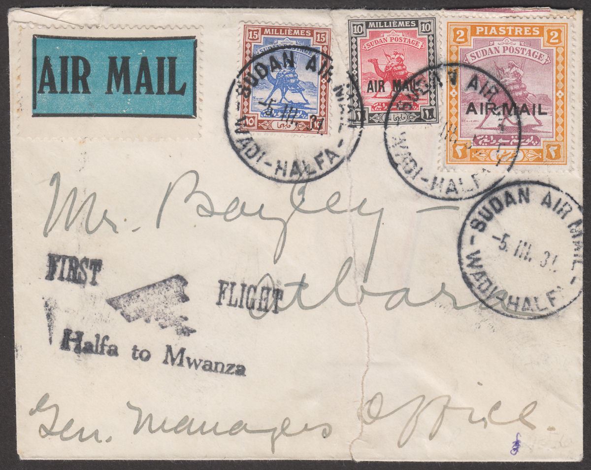 Sudan 1931 2p 15m 10m Used on First Flight Halfa to Mwanza Cover REPAIRED