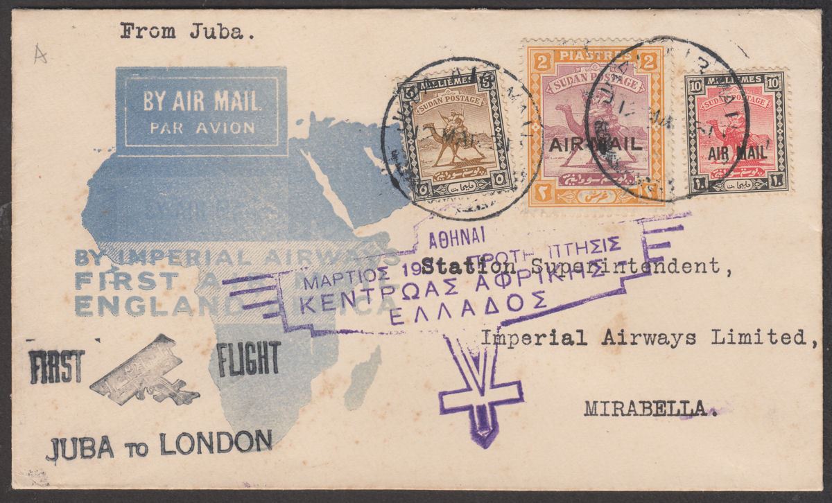 Sudan 1931 2p 10m 5m Used on Imperial Airways First Flight Juba to London Cover