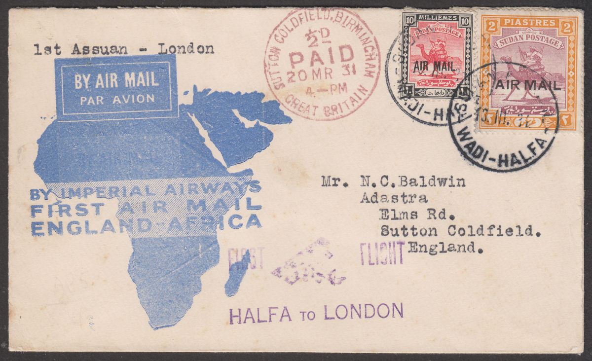 Sudan 1931 2p 10m Opt Used on Imperial Airways First Flight Halfa - London Cover