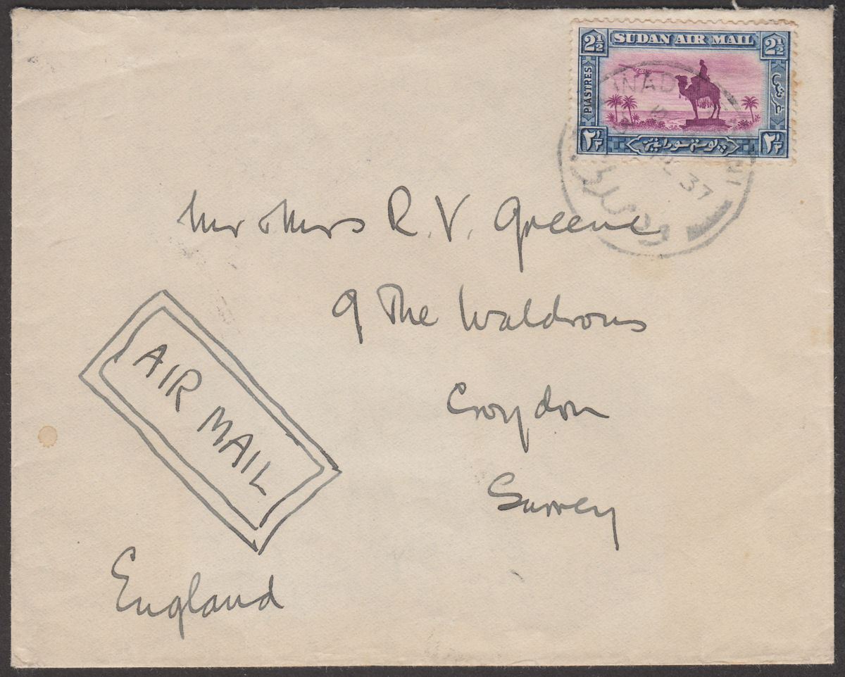 Sudan 1937 Air 2½p Used on Airmail Cover Wadi Halfi to Croydon, UK