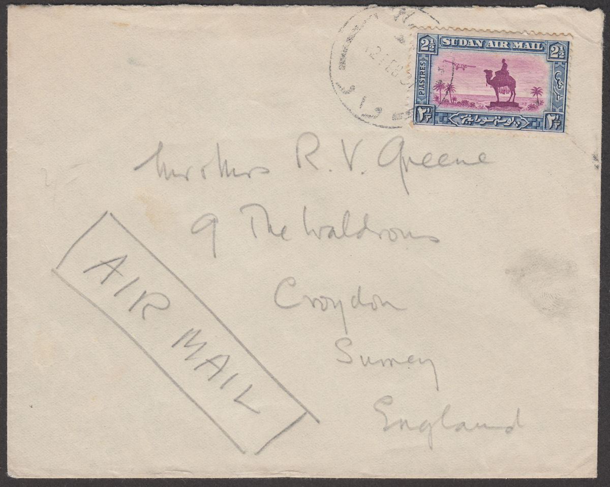 Sudan 1937 Air 2½p Used on Airmail Cover Wau to Croydon, UK