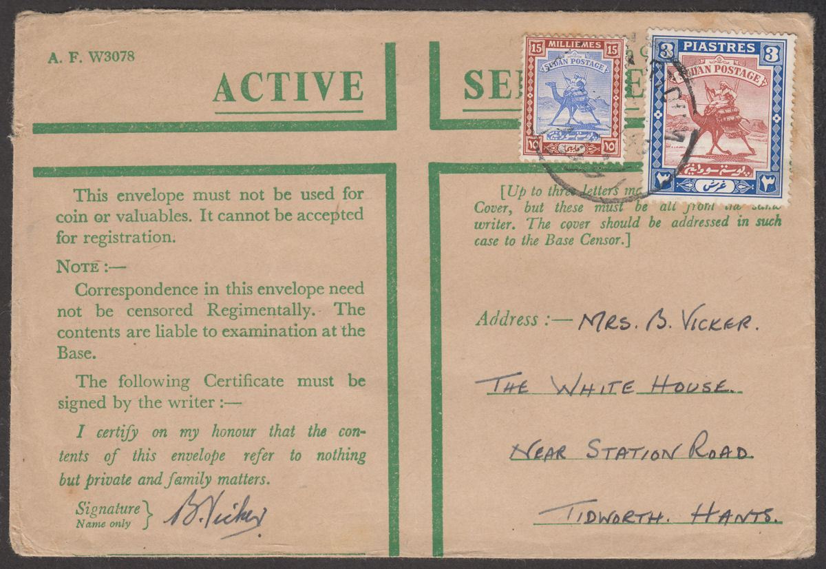 Sudan 1940 KGVI Camel Postman 3p 15m Used on Active Service Cover - Tidworth, UK