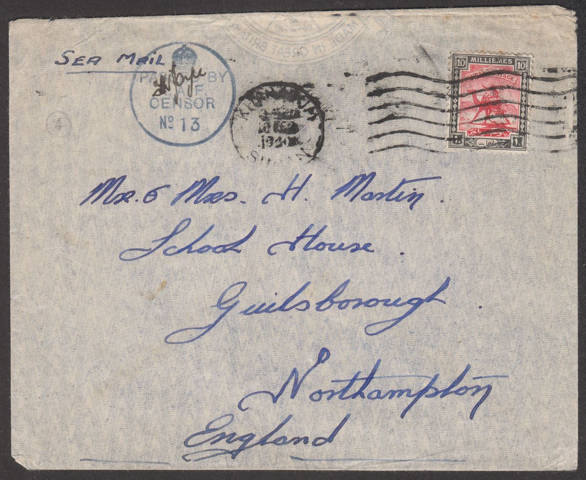 Sudan 1941 KGVI Camel Postman 10m Used on Cover Khartoum to UK w RAF Censor 13
