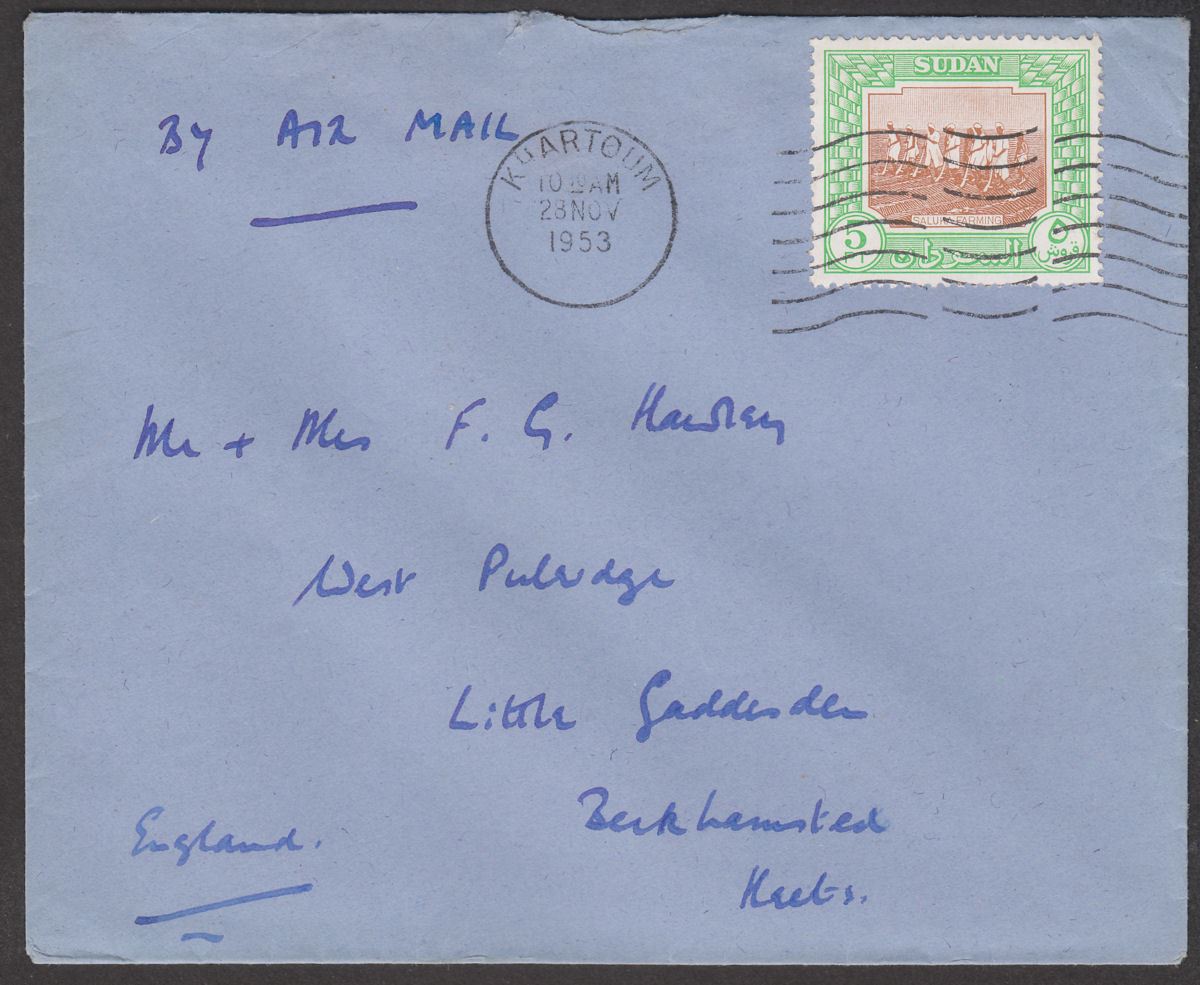 Sudan 1953 Farming 5p Used on Airmail Cover Khartoum to Berkhamsted, UK