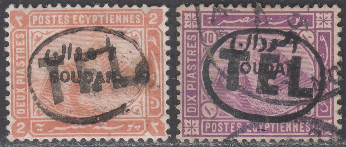 Sudan 1897 QV Military Telegraph TEL Overprint 2p Mint, 10p Used SG T3 T5