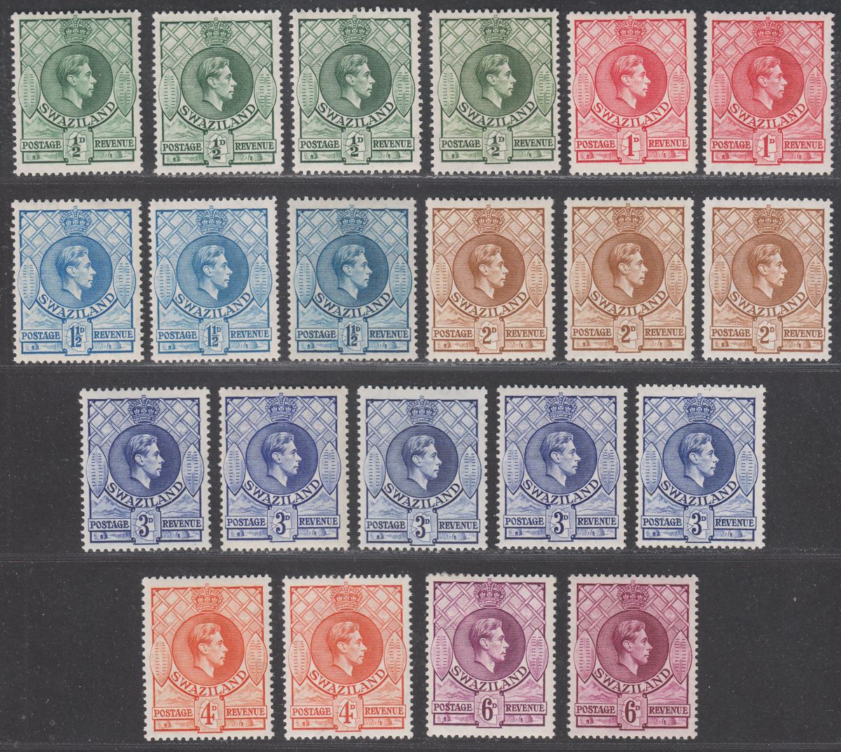 Swaziland 1938 KGVI p13½x13 Set to 6d with Shades/Varieties Mint SG28-34