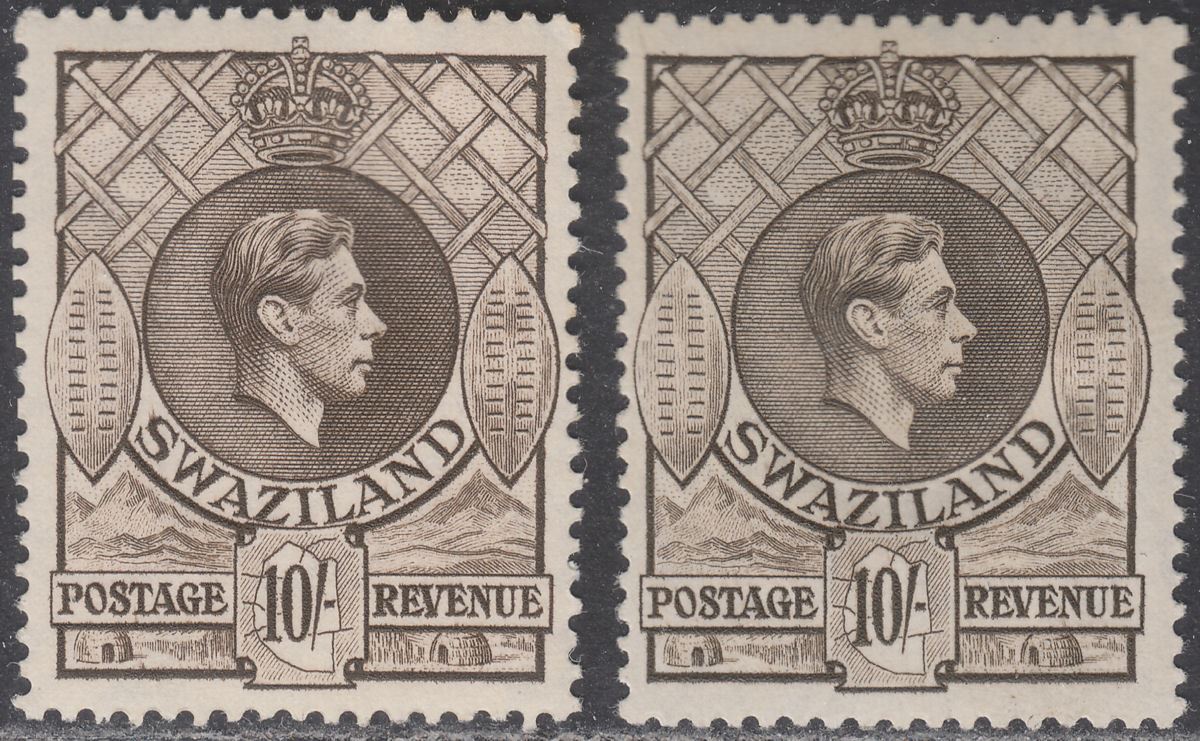 Swaziland 1938-43 KGVI 10sh Sepia p13½x13, p13½x14 Mint SG38-38a cat £90 bends