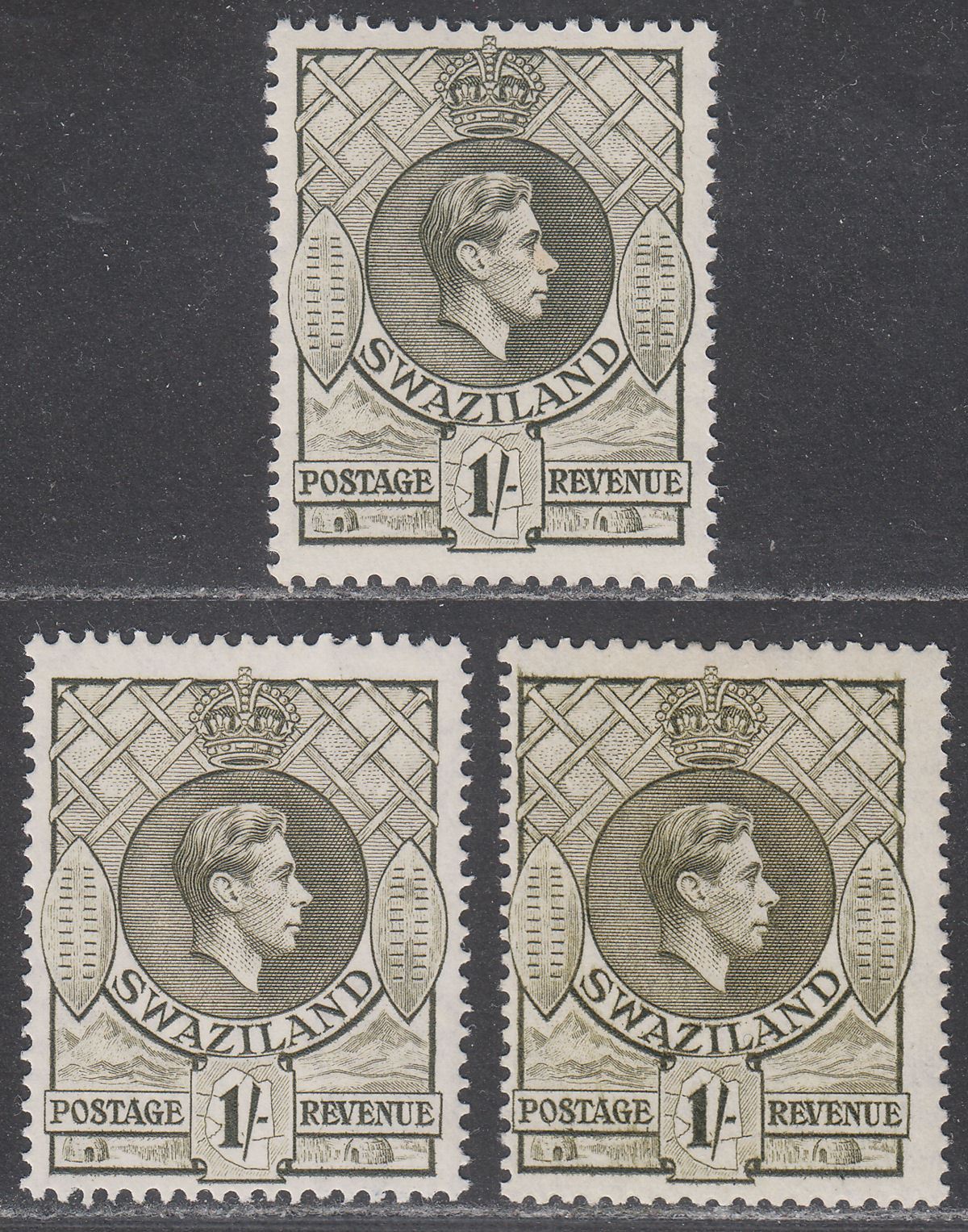 Swaziland 1938-43 KGVI 1sh Brown-Olive p13½x13, p13½x14 x2 Mint SG35-35a