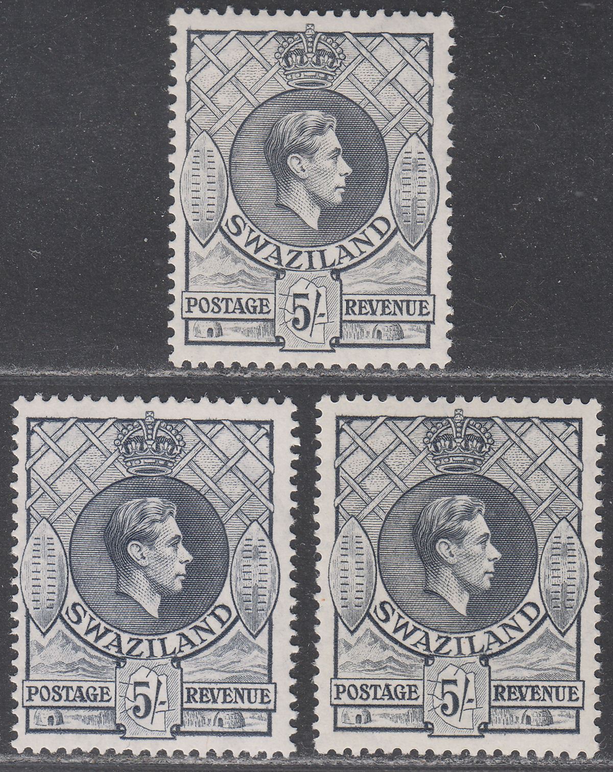 Swaziland 1938-44 King George VI 5sh p13½x13, p13½x14 Shades Mint SG37-37b c£190