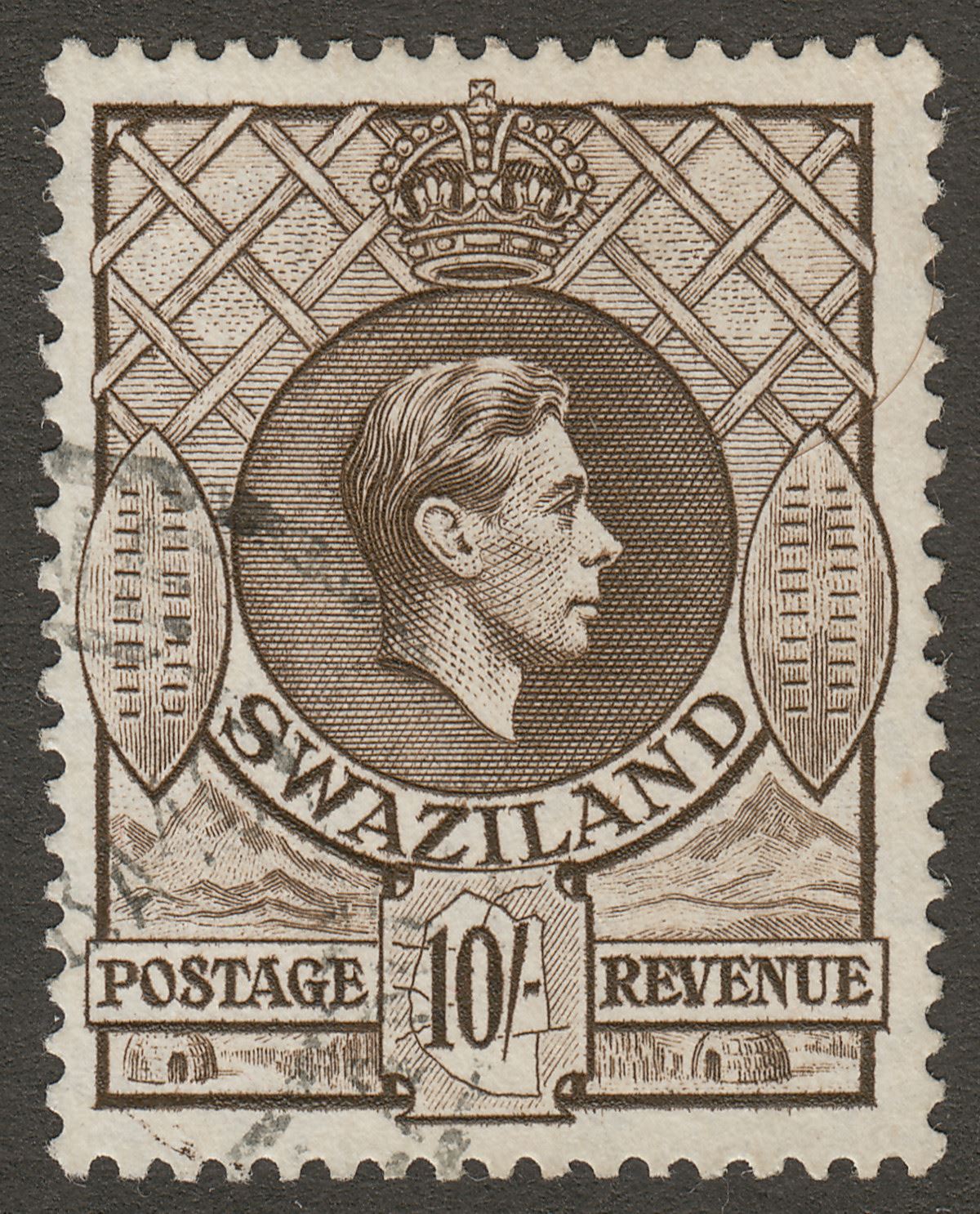 Swaziland 1938 KGVI 10sh Sepia perf 13½x13 Used SG38