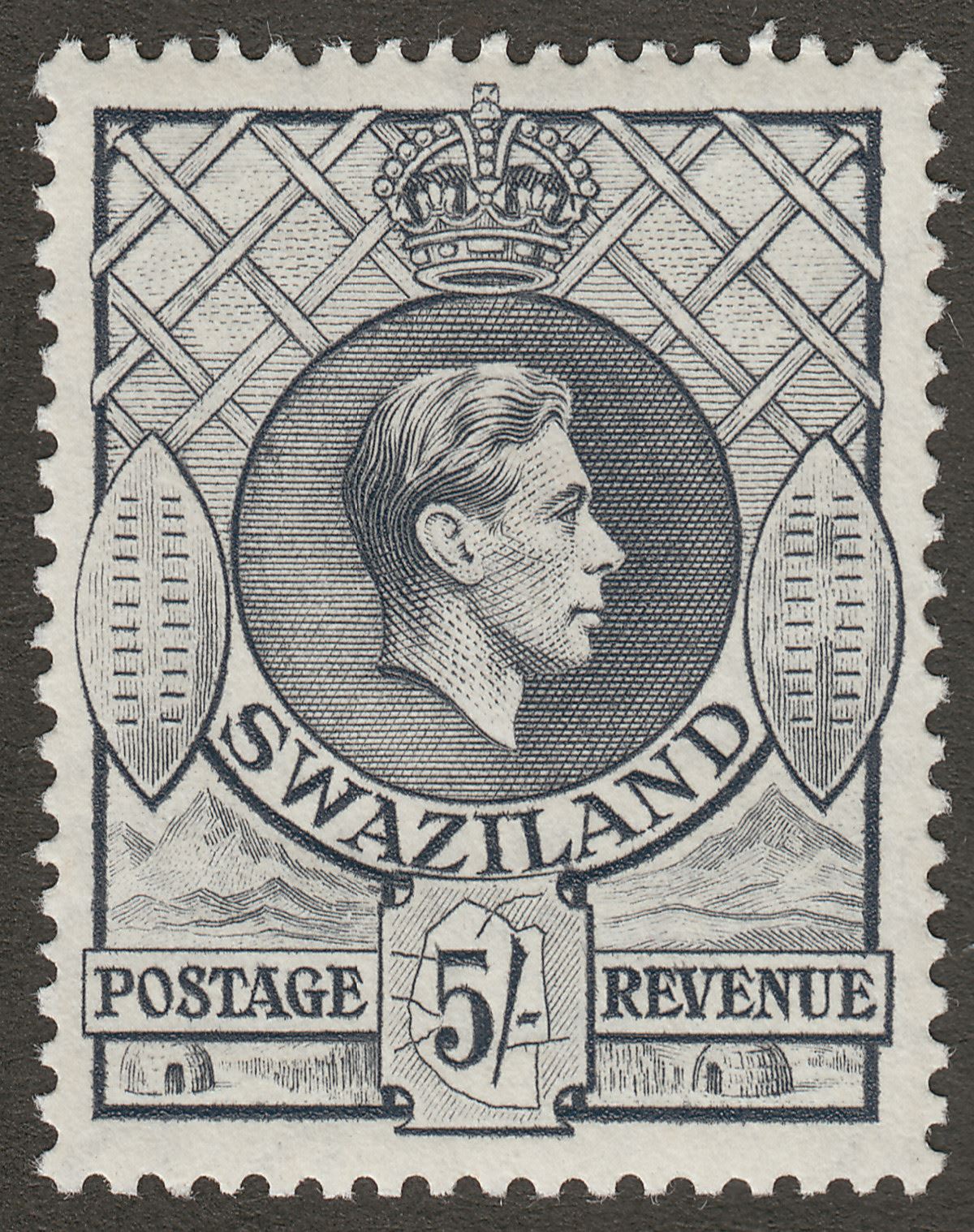 Swaziland 1938 KGVI 5sh Grey perf 13½x13 Mint SG37